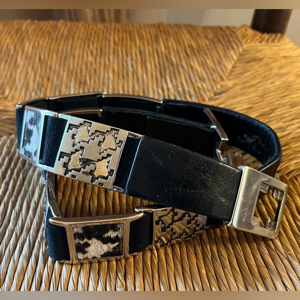 Albatros Vintage Black Leather & fur Belt Silver tone Buckle Made Italy SZ S-M